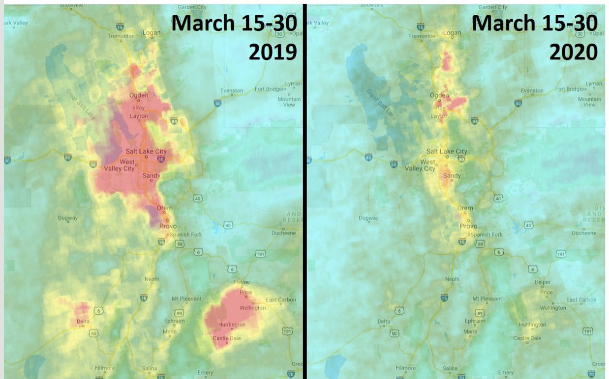 side by side maps compare measurements of NO2 in Utah on March 15-30 2019 to the same dates in 2020.